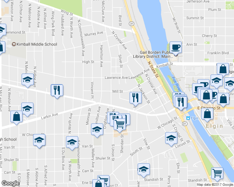map of restaurants, bars, coffee shops, grocery stores, and more near 606 Mill Street in Elgin