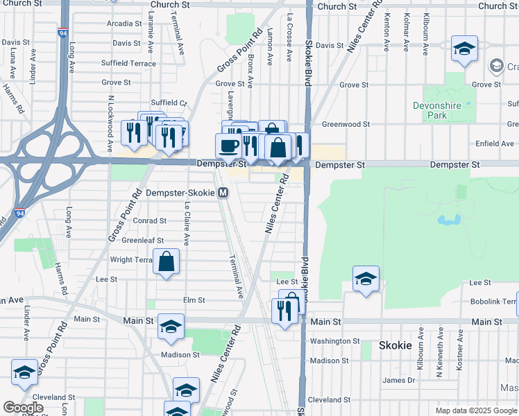 map of restaurants, bars, coffee shops, grocery stores, and more near 4901 Crain Street in Skokie