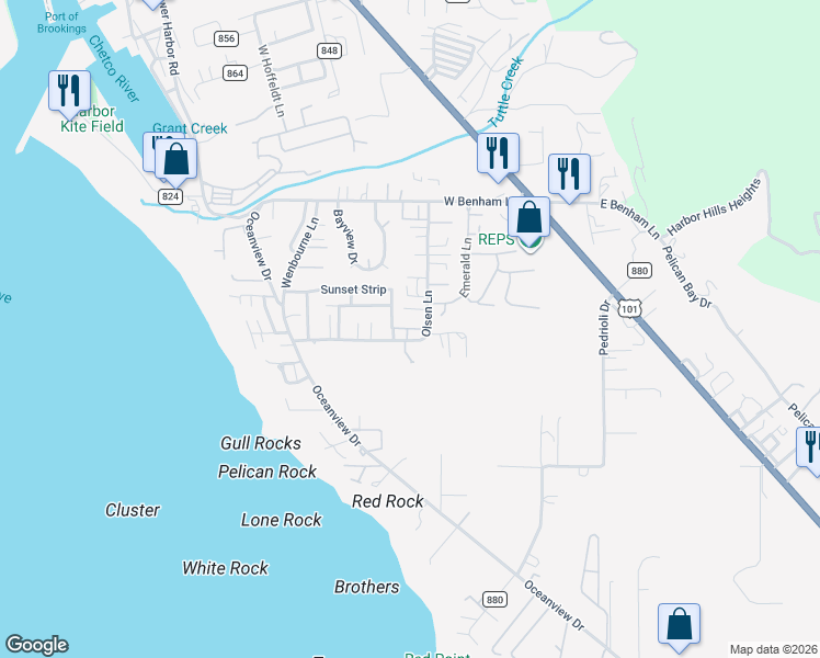 map of restaurants, bars, coffee shops, grocery stores, and more near 98135 West Nelson Lane in Brookings