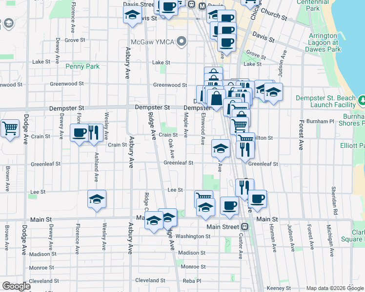 map of restaurants, bars, coffee shops, grocery stores, and more near 1135 Oak Avenue in Evanston