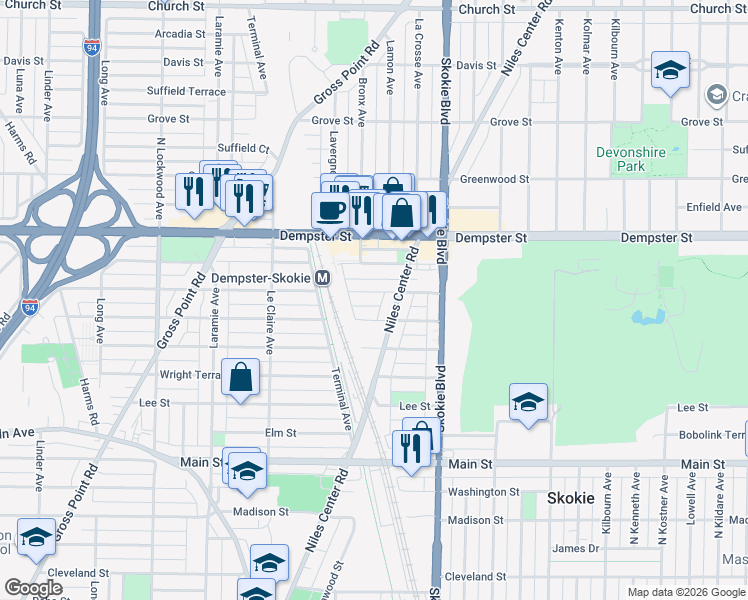 map of restaurants, bars, coffee shops, grocery stores, and more near 4903 Crain Street in Skokie