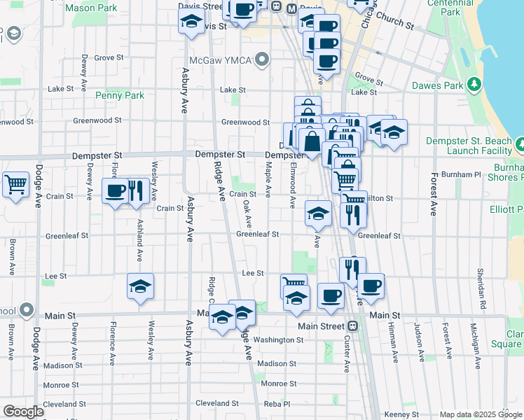 map of restaurants, bars, coffee shops, grocery stores, and more near 1128 Maple Avenue in Evanston