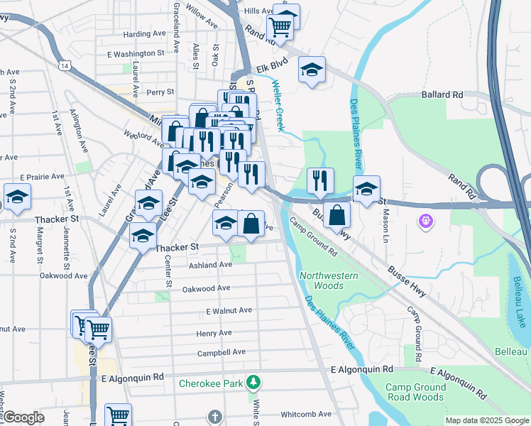 map of restaurants, bars, coffee shops, grocery stores, and more near 800 South River Road in Des Plaines