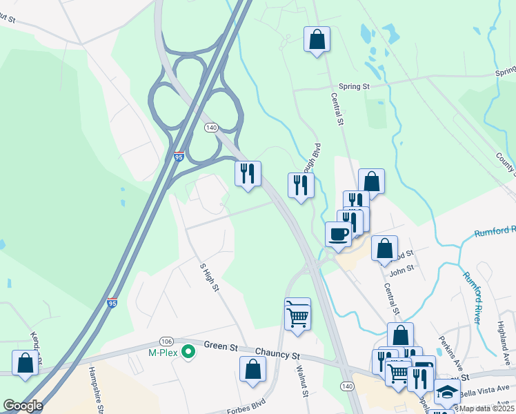 map of restaurants, bars, coffee shops, grocery stores, and more near 12 Fisher Street in Foxborough