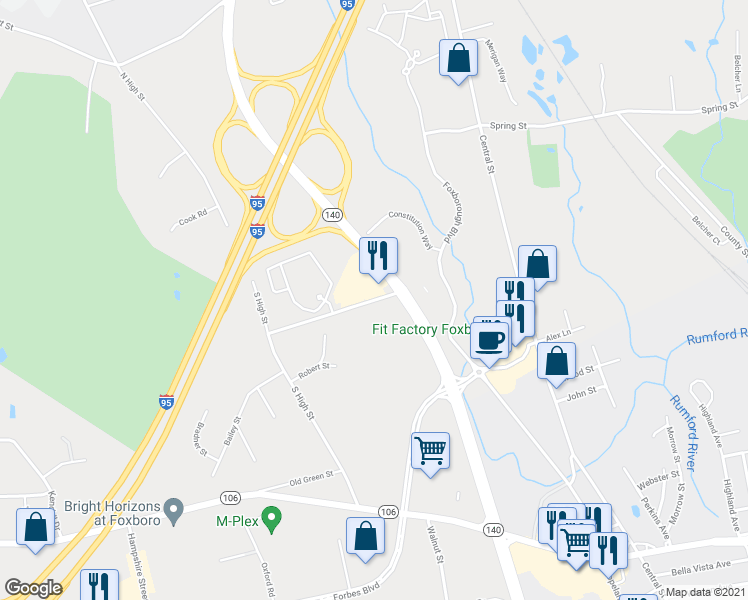 map of restaurants, bars, coffee shops, grocery stores, and more near 9 Fisher Street in Foxborough