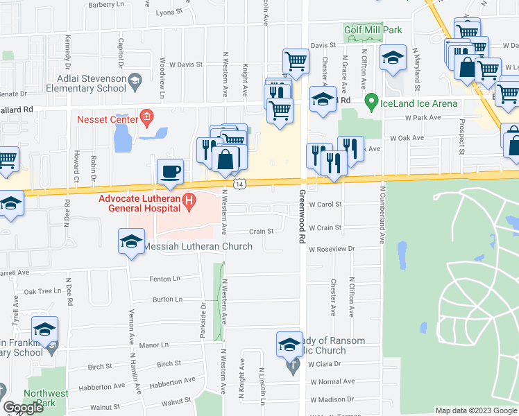 map of restaurants, bars, coffee shops, grocery stores, and more near 1412 Carol Street in Park Ridge