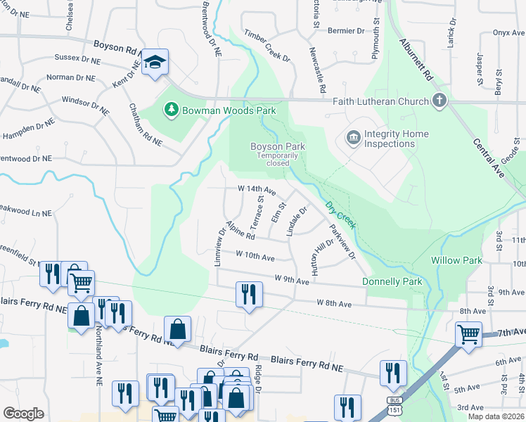 map of restaurants, bars, coffee shops, grocery stores, and more near 1315 Terrace Street in Marion