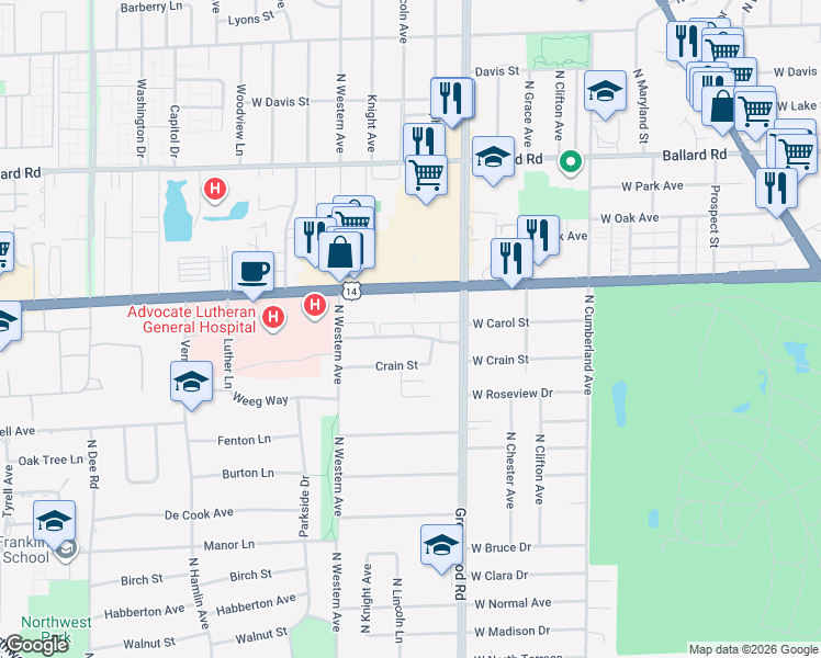 map of restaurants, bars, coffee shops, grocery stores, and more near 1406 Carol Street in Park Ridge