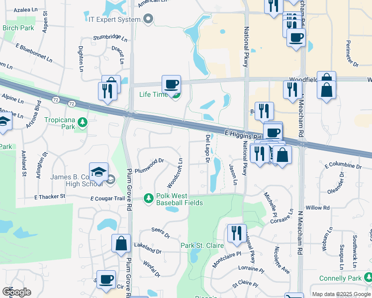 map of restaurants, bars, coffee shops, grocery stores, and more near 433 Woodcroft Lane in Schaumburg