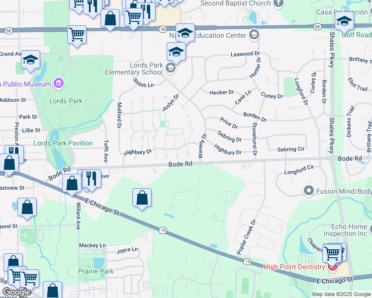 map of restaurants, bars, coffee shops, grocery stores, and more near 153 Highbury Drive in Elgin