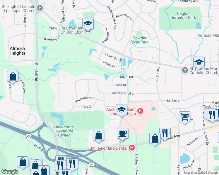 map of restaurants, bars, coffee shops, grocery stores, and more near 2027 Lucca Court in Elgin