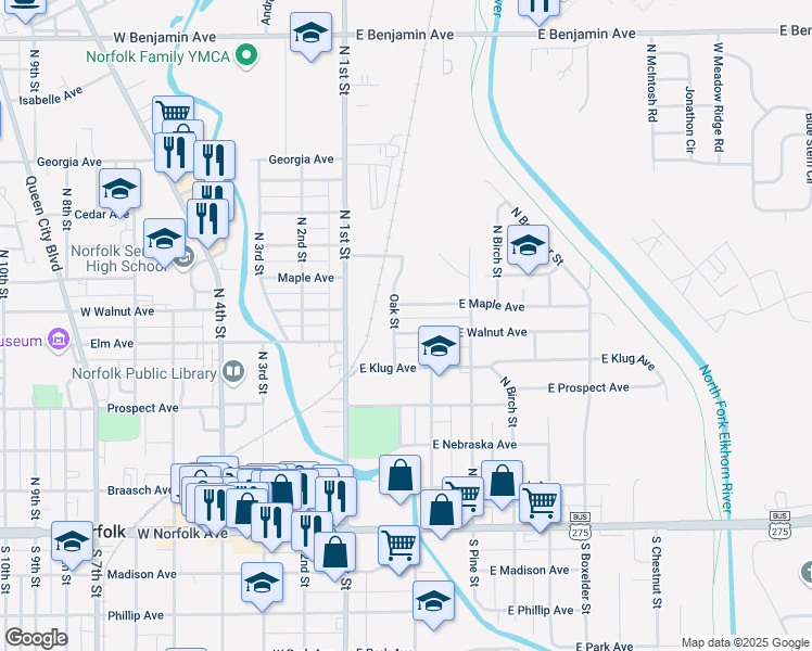 map of restaurants, bars, coffee shops, grocery stores, and more near 206 East Maple Avenue in Norfolk