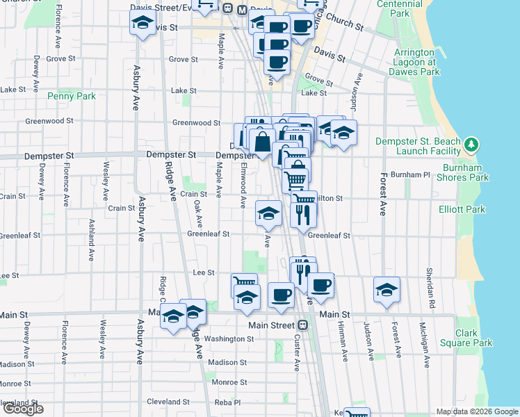 map of restaurants, bars, coffee shops, grocery stores, and more near 1138 Sherman Avenue in Evanston