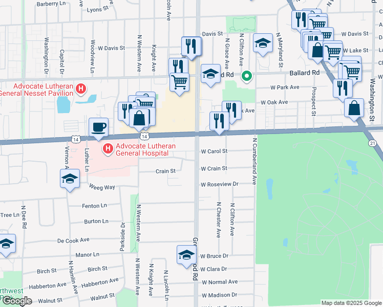 map of restaurants, bars, coffee shops, grocery stores, and more near 1302 Carol Street in Park Ridge