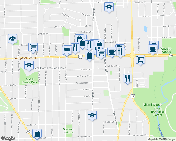 map of restaurants, bars, coffee shops, grocery stores, and more near 7217 Crain Street in Niles
