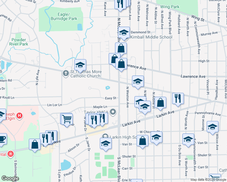 map of restaurants, bars, coffee shops, grocery stores, and more near 134 North McLean Boulevard in Elgin