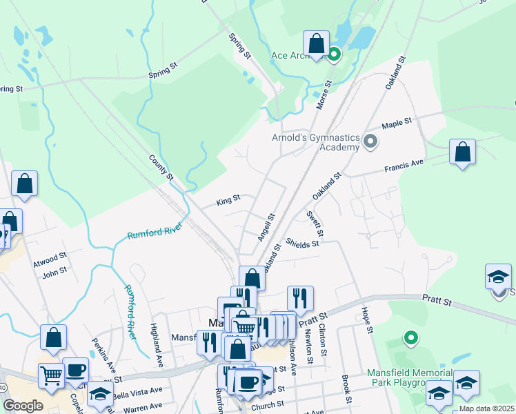 map of restaurants, bars, coffee shops, grocery stores, and more near 605 North Main Street in Mansfield