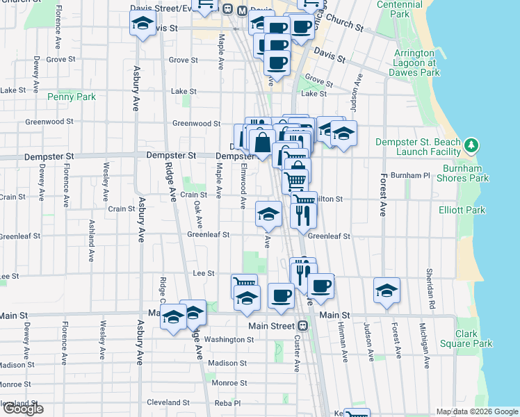 map of restaurants, bars, coffee shops, grocery stores, and more near 1138 Sherman Avenue in Evanston