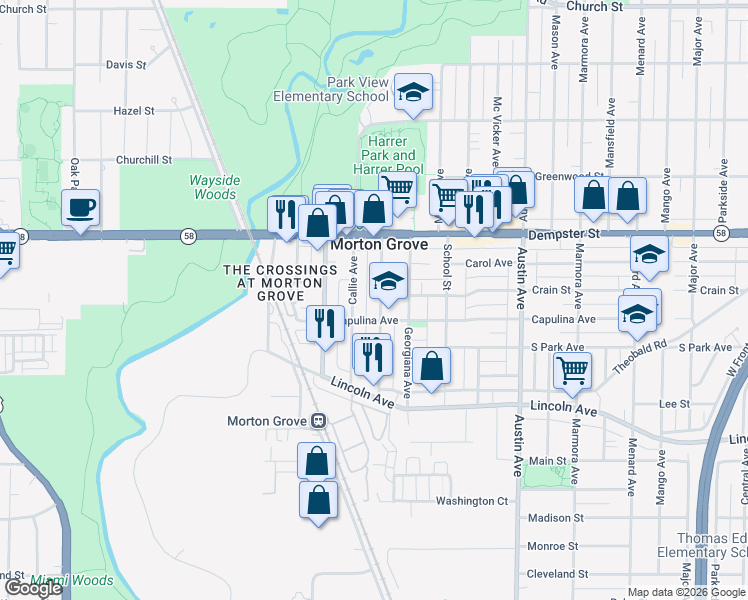 map of restaurants, bars, coffee shops, grocery stores, and more near 8648 Fernald Avenue in Morton Grove