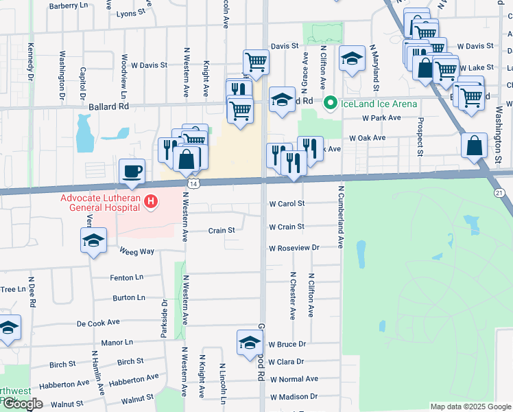 map of restaurants, bars, coffee shops, grocery stores, and more near 1302 Carol Street in Park Ridge