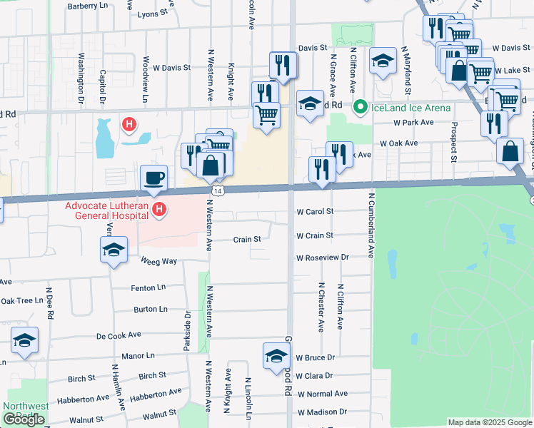 map of restaurants, bars, coffee shops, grocery stores, and more near 1302 Carol Street in Park Ridge