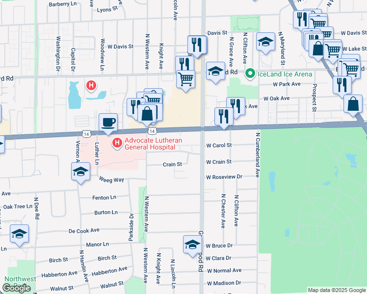 map of restaurants, bars, coffee shops, grocery stores, and more near 1302 Carol Street in Park Ridge
