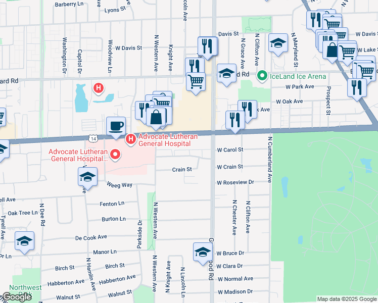 map of restaurants, bars, coffee shops, grocery stores, and more near 1406 Carol Street in Park Ridge