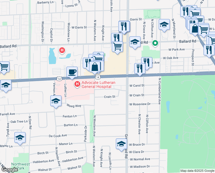 map of restaurants, bars, coffee shops, grocery stores, and more near 1406 Carol Street in Park Ridge
