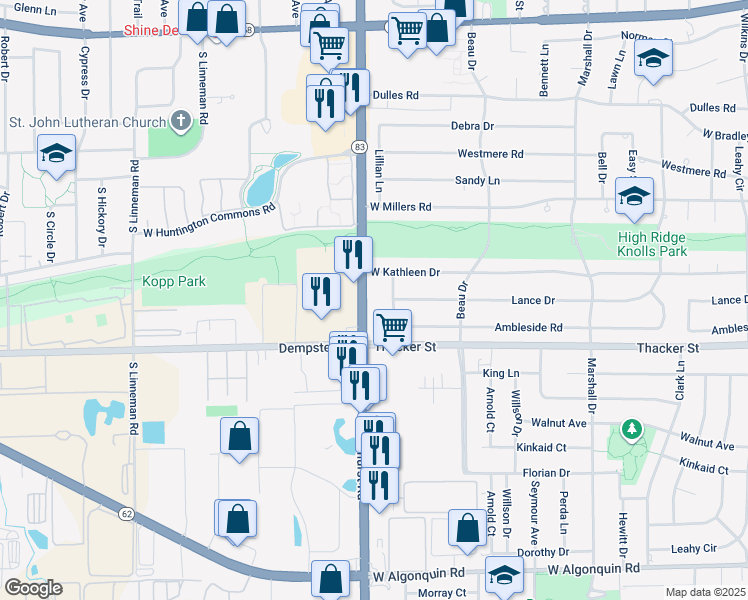 map of restaurants, bars, coffee shops, grocery stores, and more near 681 South Elmhurst Road in Des Plaines