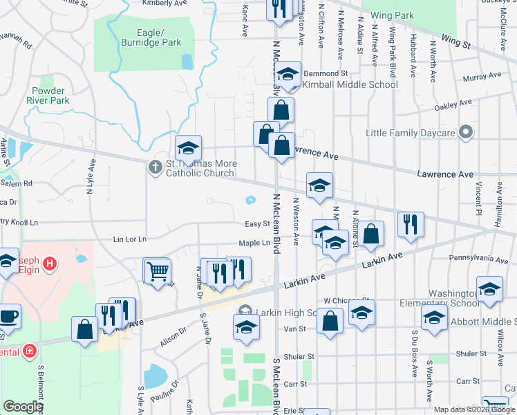 map of restaurants, bars, coffee shops, grocery stores, and more near 134 North McLean Boulevard in Elgin