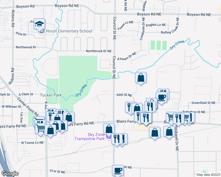 map of restaurants, bars, coffee shops, grocery stores, and more near 1621 Pinehurst Northeast in Cedar Rapids