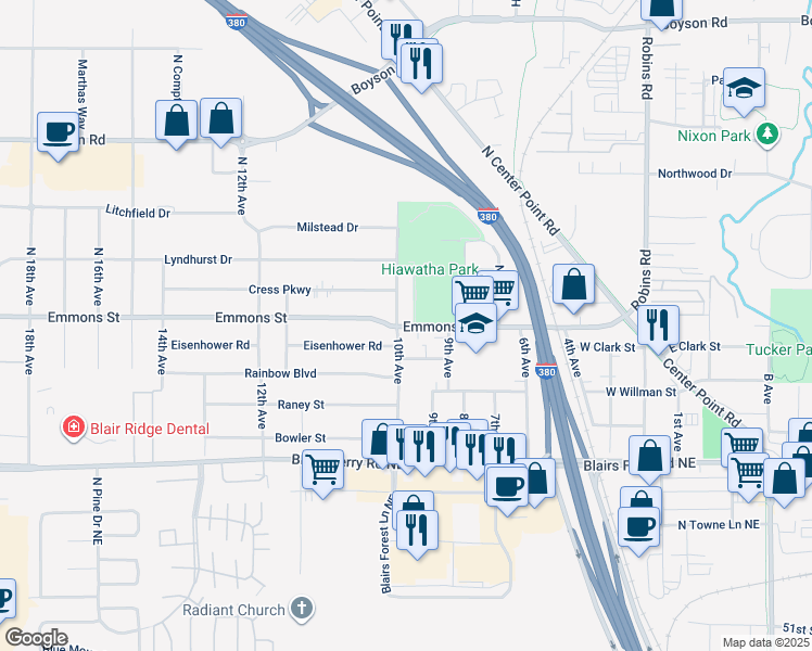 map of restaurants, bars, coffee shops, grocery stores, and more near 20 North 10th Avenue in Hiawatha