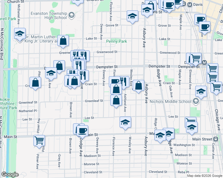 map of restaurants, bars, coffee shops, grocery stores, and more near 1137 Florence Avenue in Evanston