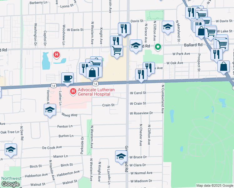 map of restaurants, bars, coffee shops, grocery stores, and more near 1302 Carol Street in Park Ridge