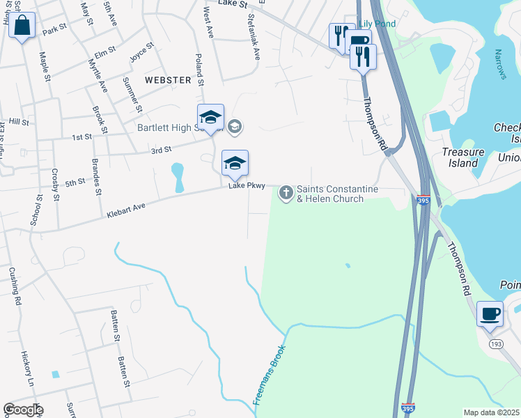 map of restaurants, bars, coffee shops, grocery stores, and more near 3 Cranberry Road in Webster