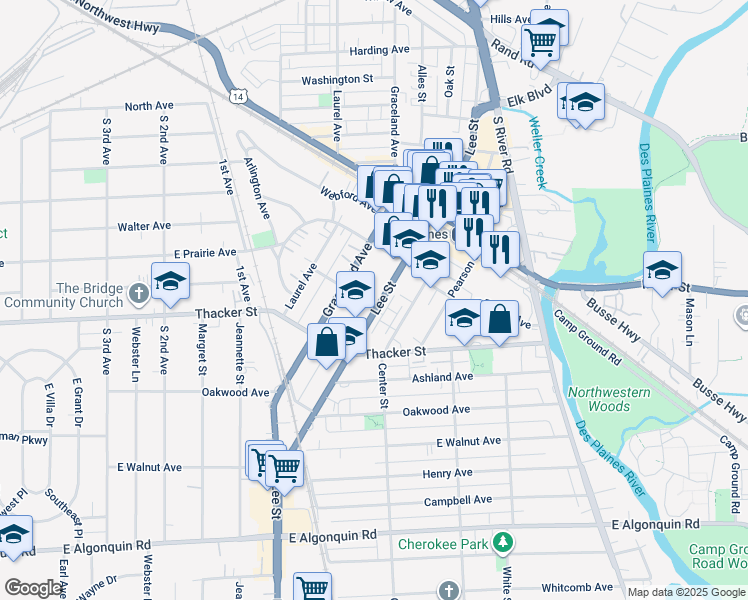 map of restaurants, bars, coffee shops, grocery stores, and more near 775 Lee Street in Des Plaines