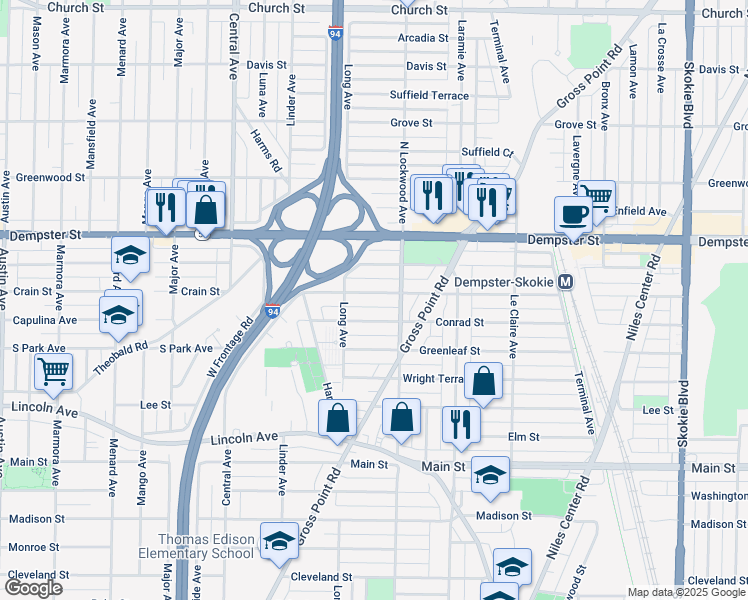 map of restaurants, bars, coffee shops, grocery stores, and more near 5327 Crain Street in Skokie