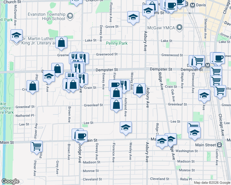 map of restaurants, bars, coffee shops, grocery stores, and more near 1533 Crain Street in Evanston