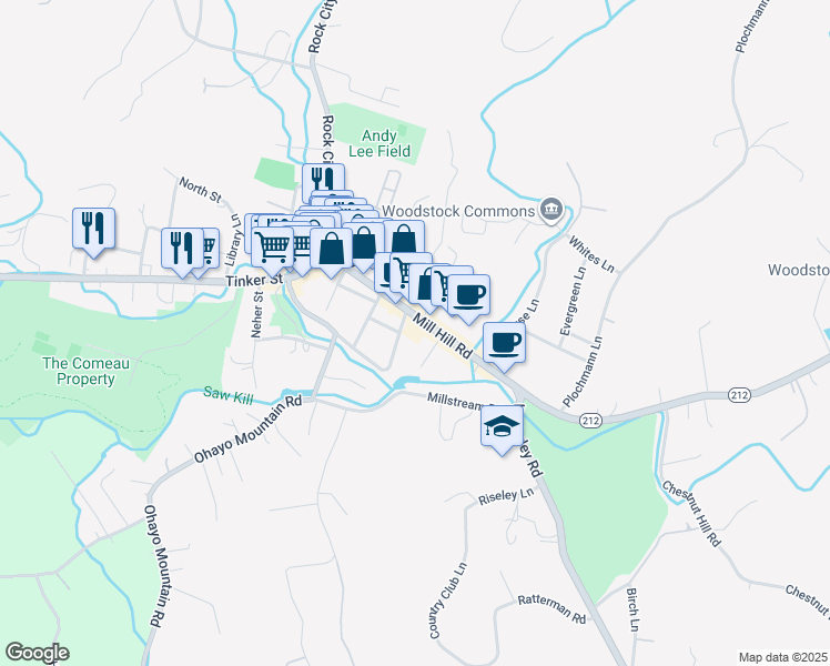 map of restaurants, bars, coffee shops, grocery stores, and more near 60 Mill Hill Road in Woodstock