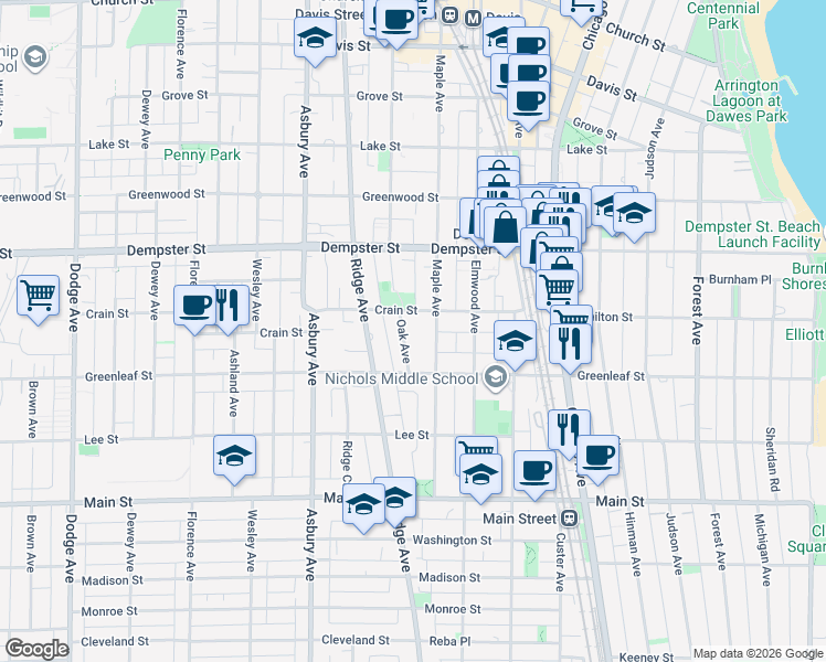 map of restaurants, bars, coffee shops, grocery stores, and more near 1135 Oak Avenue in Evanston