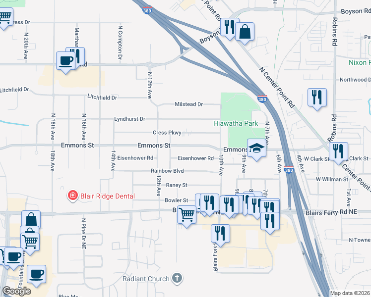 map of restaurants, bars, coffee shops, grocery stores, and more near 1075 Emmons Street in Hiawatha