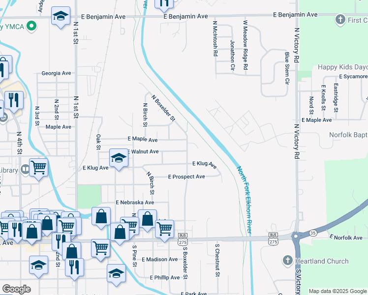 map of restaurants, bars, coffee shops, grocery stores, and more near 654-698 East Maple Avenue in Norfolk