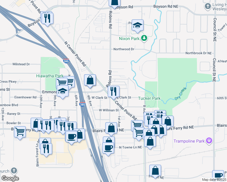 map of restaurants, bars, coffee shops, grocery stores, and more near 55 Robins Road in Hiawatha