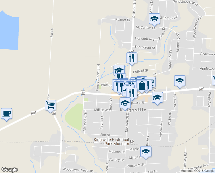 map of restaurants, bars, coffee shops, grocery stores, and more near 69 Walnut Street in Kingsville