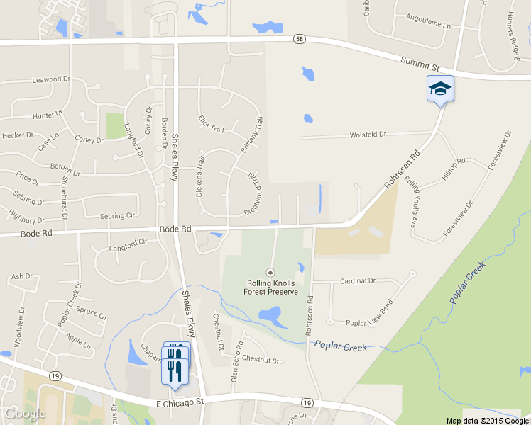 map of restaurants, bars, coffee shops, grocery stores, and more near 127 Brentwood Trail in Elgin