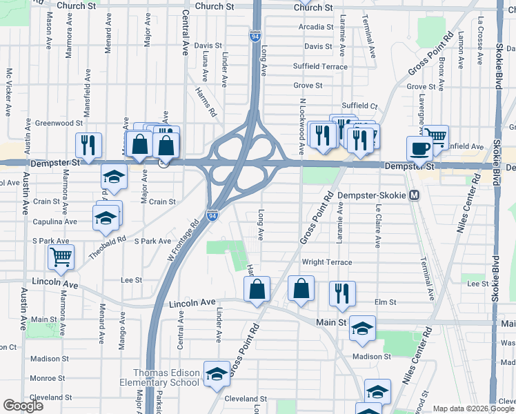 map of restaurants, bars, coffee shops, grocery stores, and more near 8650 Long Avenue in Skokie