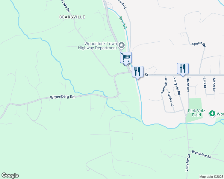 map of restaurants, bars, coffee shops, grocery stores, and more near 36 Wittenberg Road in Bearsville