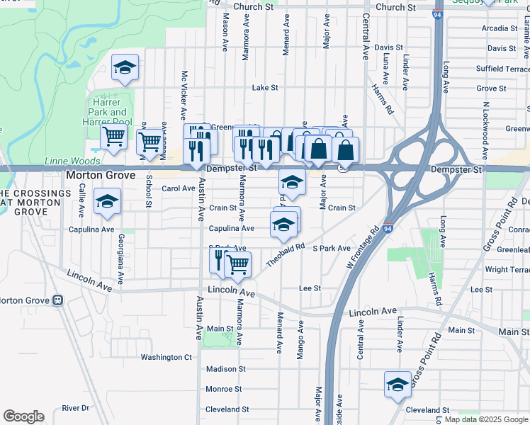 map of restaurants, bars, coffee shops, grocery stores, and more near 5821 Crain Street in Morton Grove