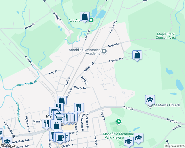 map of restaurants, bars, coffee shops, grocery stores, and more near 149 Oakland Street in Mansfield