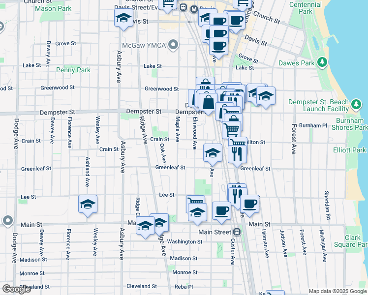 map of restaurants, bars, coffee shops, grocery stores, and more near 1138 Elmwood Avenue in Evanston